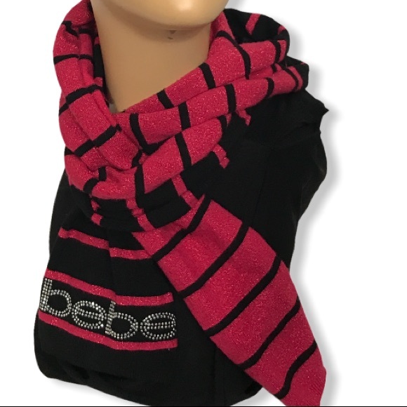bebe Scarf striped Red Black embellished spell out Logo Size OS - Picture 2 of 7